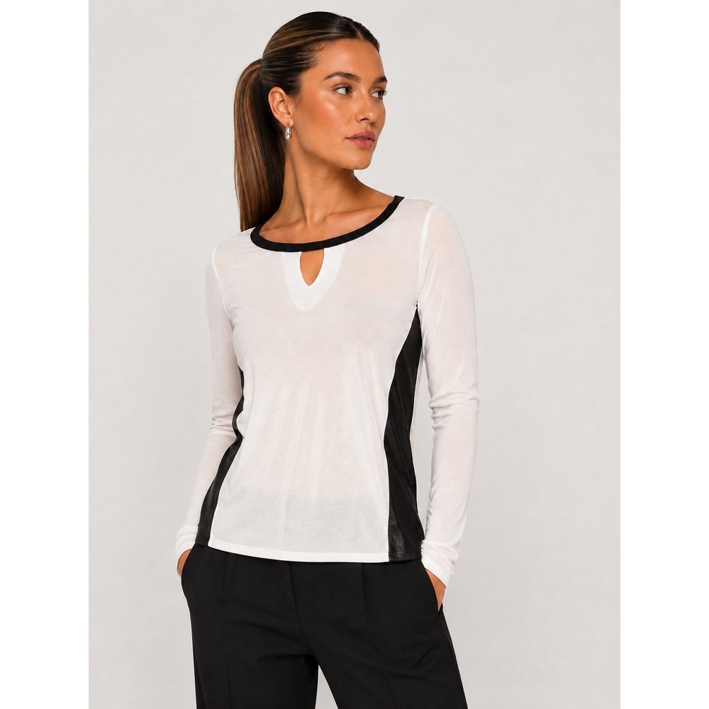 AIKO Colorblock Mesh Back Silk Leather Trim Top White Black XS NWOT New